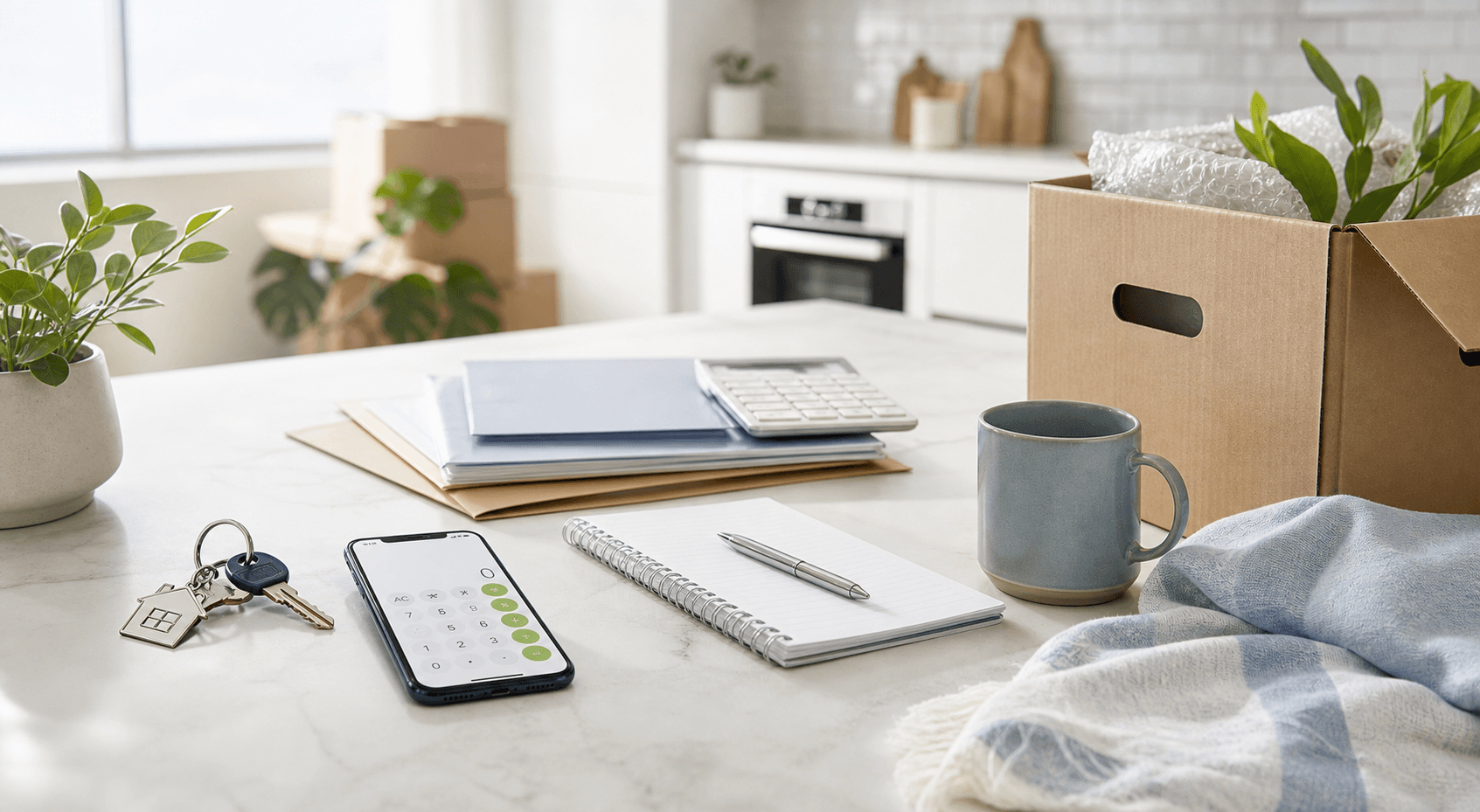 Rental paperwork, keys and moving cost planning on a bright table